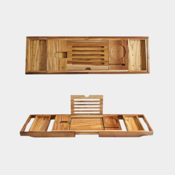 XcE - Teak Expandable Bathtub Tray with Solid Book Stand